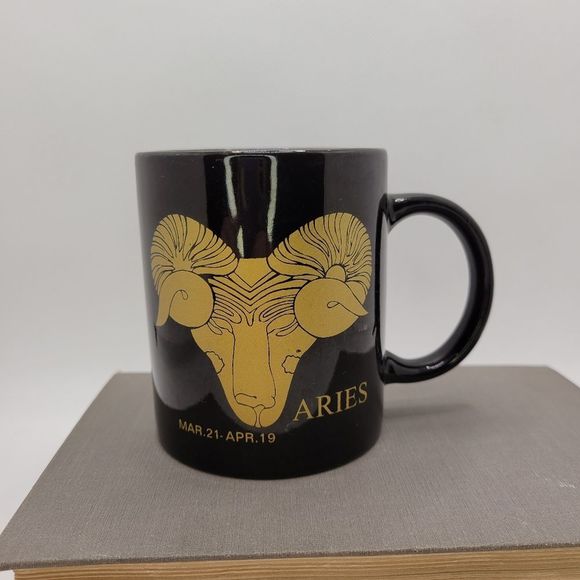 Aries Zodiac Coffee Mug Black Gold Ram Astrology Cup Mar 21 - Apr 19 - Picture 3 of 8